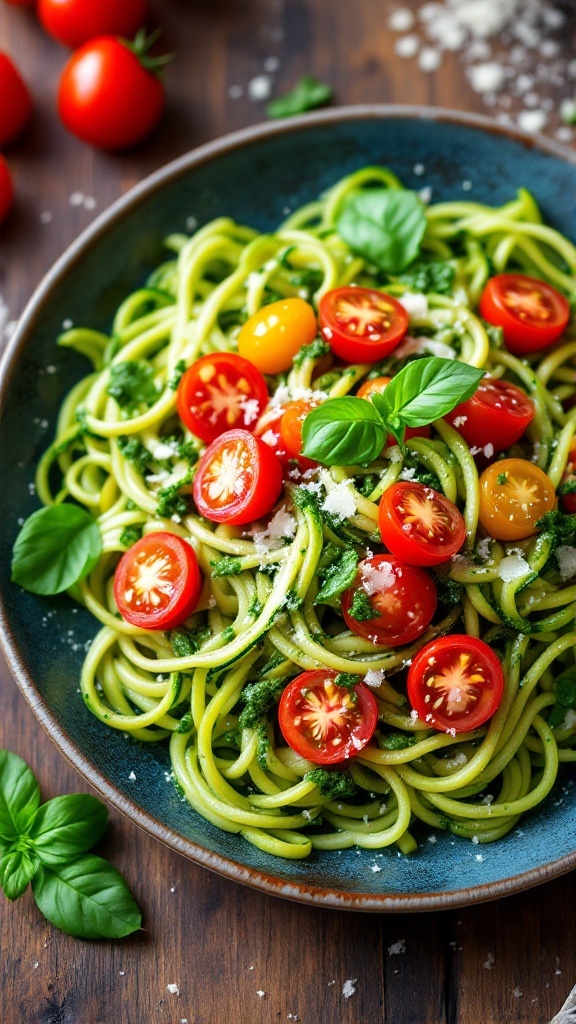 Zucchini noodles with pesto and cherry tomatoes, garnished with basil and parmesan.